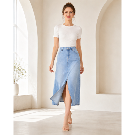 Mid-length denim skirt woman Spring/summer 2021 new thin high waisted slit hip wrap skirt A-line skirt